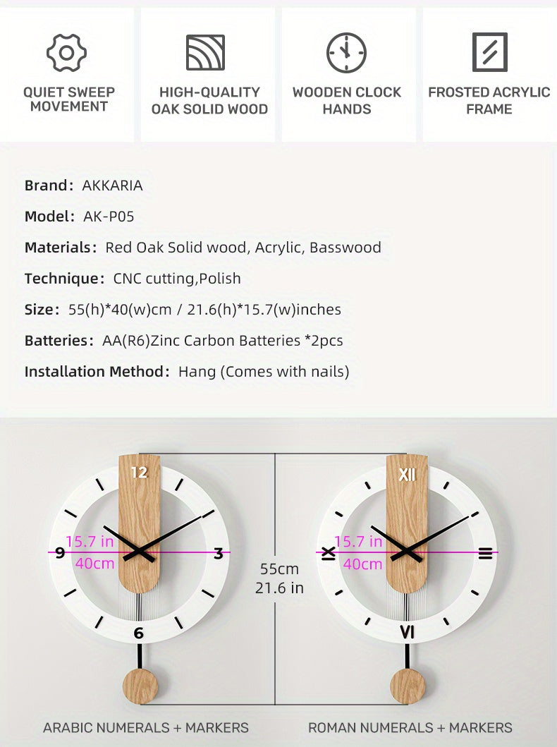 שעון קיר מטוטלת עץ-אקרילי — שקט, מודרני, בלי רעש