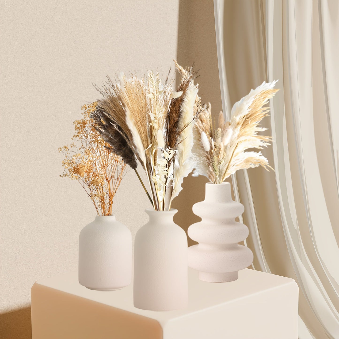 סט 3 אגרטלי קרמיקה – בוהו מינימליסטי, לבן טבעי