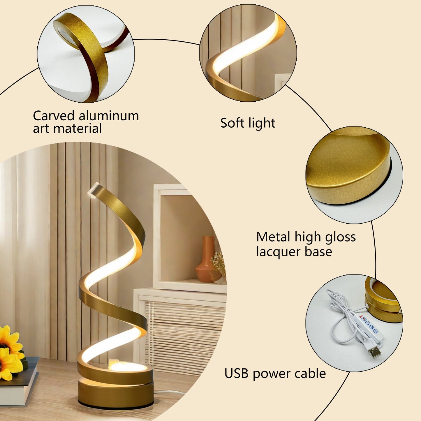 מנורת ספירלה מתכתית – דימר, 3 גווני אור, חיבור USB