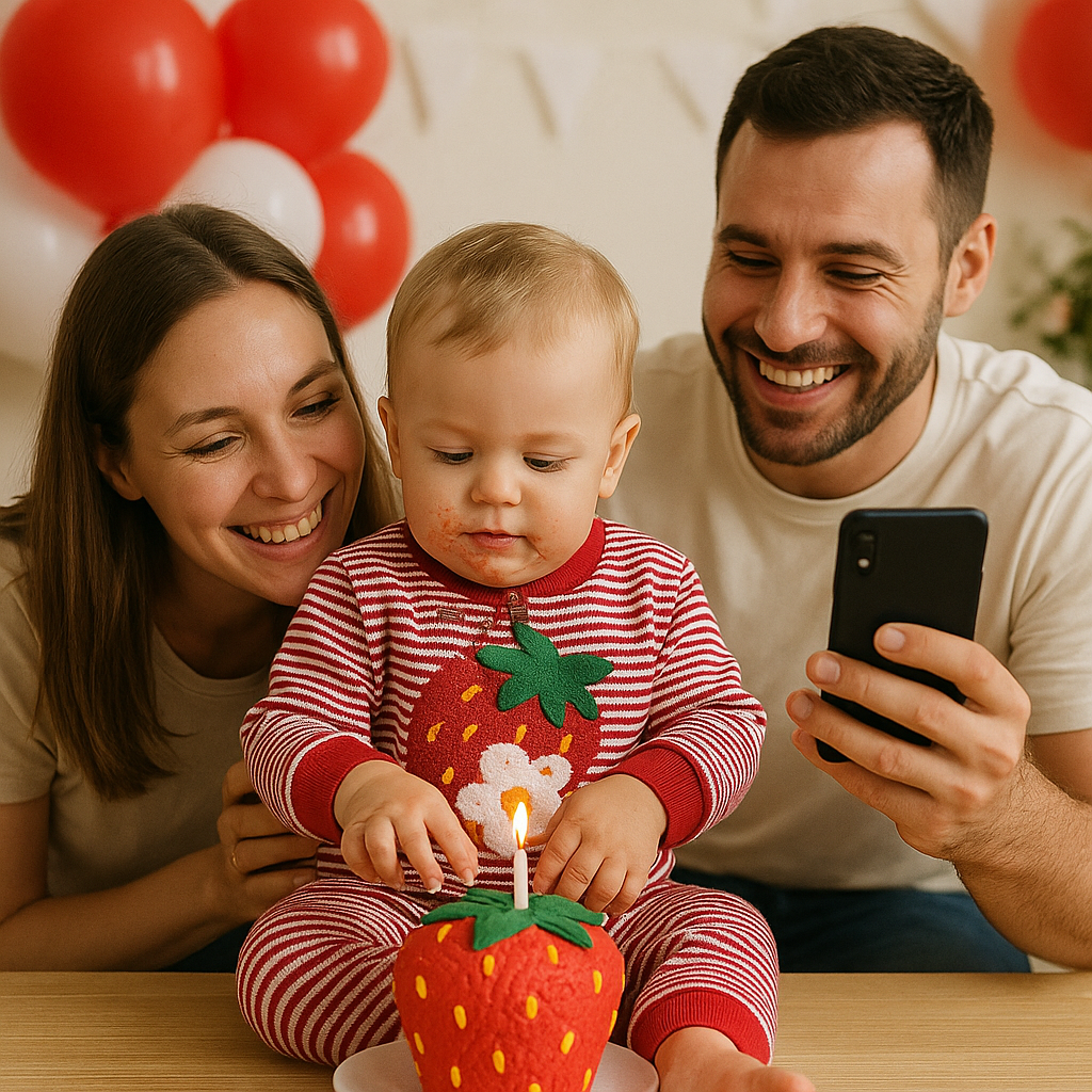 סט “תות על פסים” — חולצה סרוגה עם רקמת תות + מכנס מפוספס (0–3)