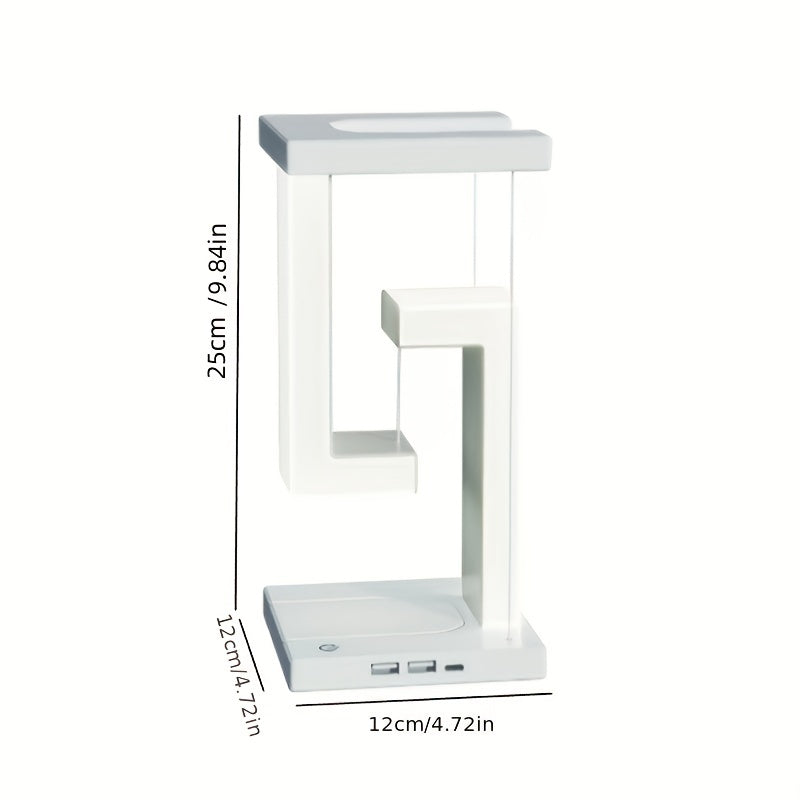 מנורת שולחן “אנטי-גרביטי” – מדף מרחף, אור רך וטעינה אלחוטית