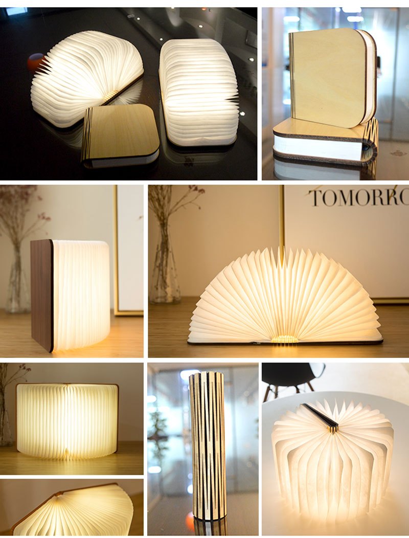 מנורת “ספר” מעץ מתקפל — 3 גווני אור, נפתחת 0–360°