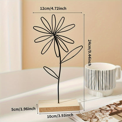 זוג פסלי פרחים מינימליסטיים – קווי מתכת שחורים על בסיס עץ