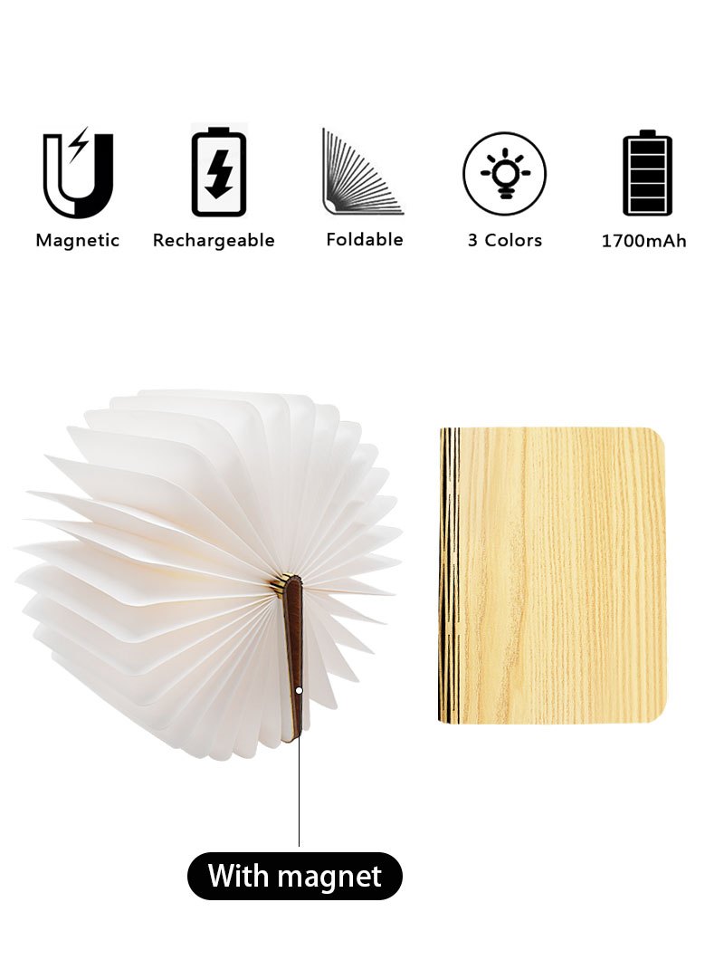 מנורת “ספר” מעץ מתקפל — 3 גווני אור, נפתחת 0–360°