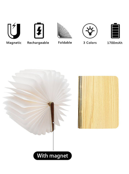 מנורת “ספר” מעץ מתקפל — 3 גווני אור, נפתחת 0–360°