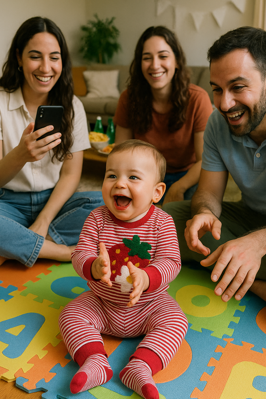 סט “תות על פסים” — חולצה סרוגה עם רקמת תות + מכנס מפוספס (0–3)