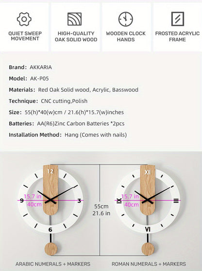 שעון קיר מטוטלת עץ-אקרילי — שקט, מודרני, בלי רעש