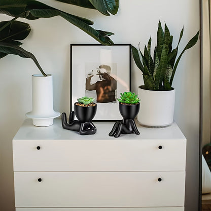 סט 2 עציצי דמות שחורים + סוקולנטים מלאכותיים — אפס תחזוקה, מאה אחוז חיוך