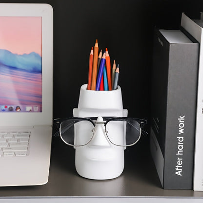 פסל מואי רב-תכליתי — מעמד למשקפיים + מחזיק מברשות/עפרונות + ואזה קטנה