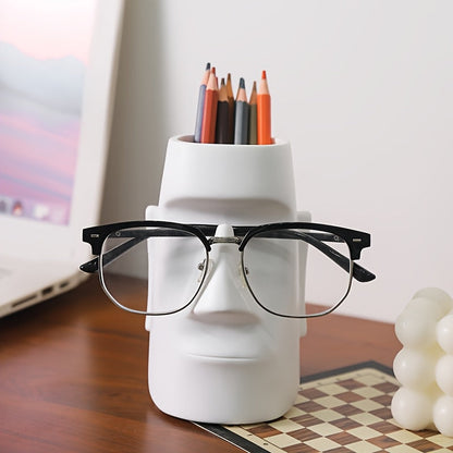 פסל מואי רב-תכליתי — מעמד למשקפיים + מחזיק מברשות/עפרונות + ואזה קטנה