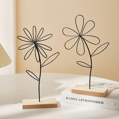 זוג פסלי פרחים מינימליסטיים – קווי מתכת שחורים על בסיס עץ