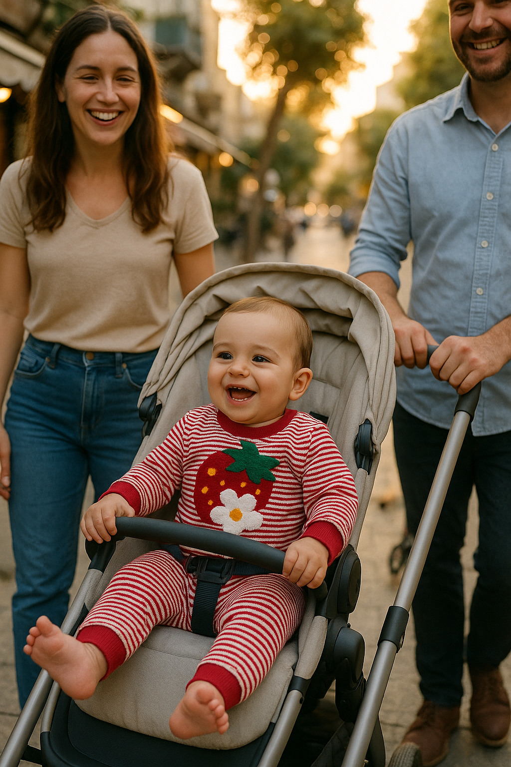 סט “תות על פסים” — חולצה סרוגה עם רקמת תות + מכנס מפוספס (0–3)