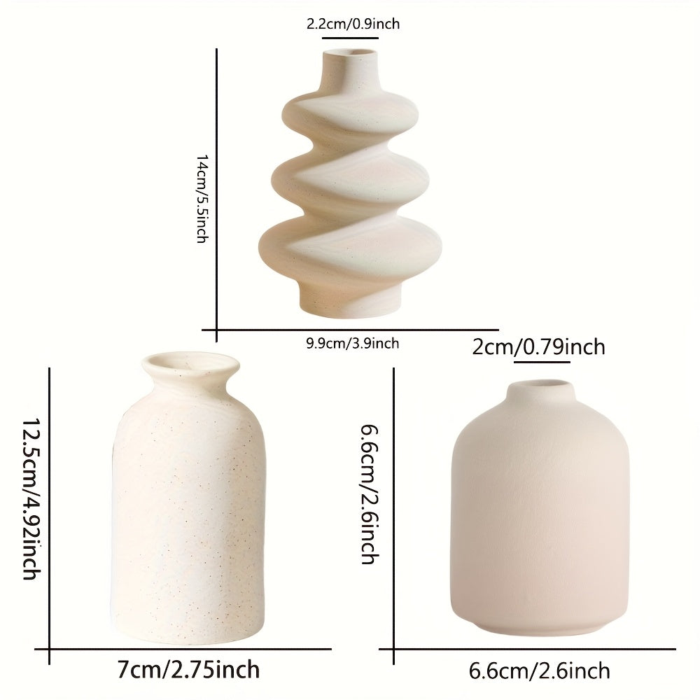 סט 3 אגרטלי קרמיקה – בוהו מינימליסטי, לבן טבעי