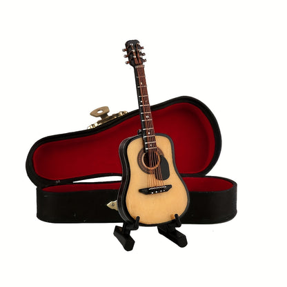 גיטרה מיניאטורית מעץ — עם מעמד וקופסה — פריט נוי שמנגן על הנוסטלגיה