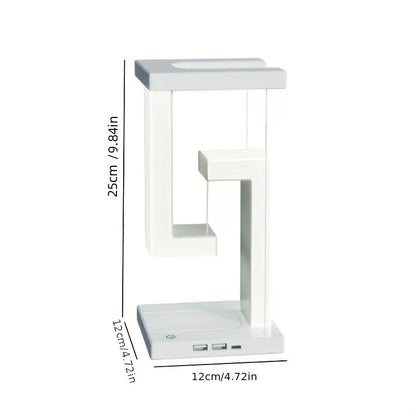 מנורת שולחן “אנטי-גרביטי” – מדף מרחף, אור רך וטעינה אלחוטית