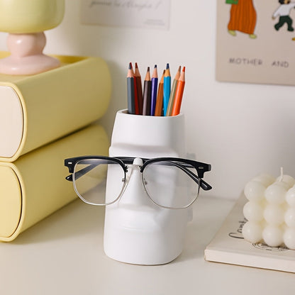 פסל מואי רב-תכליתי — מעמד למשקפיים + מחזיק מברשות/עפרונות + ואזה קטנה